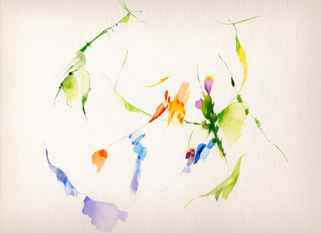 Sonne, Blick auf See - Kirsten K&ouml;tter: 69° N / 27° O (NordNordOst), Kevoj&auml;vi, Finnland, 23.06.2003, tags&uuml;ber, Aquarell, 30 &times; 40 cm, Text (06/36)