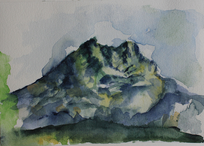 Kirsten K&ouml;tter: Montagne Sainte-Victoire, gemalt in der Wildnis nahe Haus Bret, 03.10.2013, mittags, Aquarell, 12 &times; 17 cm
