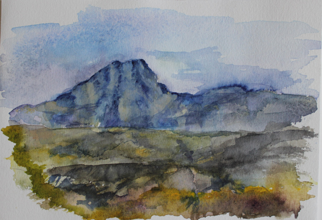 Kirsten K&ouml;tter: Montagne Sainte-Victoire vom Mont Joli, 06.10.2013, am Morgen, Aquarell, 12 &times; 17 cm