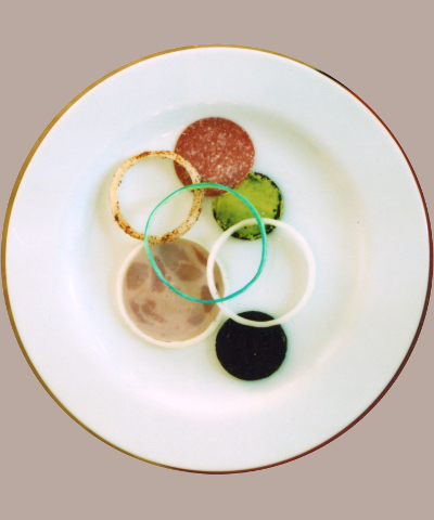 Kirsten K&ouml;tter: Konstruktives Kochen, Komposition nach Rodtschenko, 2009, Zwiebelringe mit Paprika ged&uuml;nstet, gef&auml;rbt, Pumpernickel (rund, mit Senf), Salami, Schinkenwurst (rund)