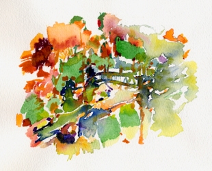 Kirsten K&ouml;tter: Painting Site Specific, Malerei vor Ort, 'Gartenstadt', Berlin, 23.03.2012, ca. 19.30 Uhr, nach Ausflug an die Spree, Haus der Kulturen der Welt, Aquarell, 17 &times; 24 cm