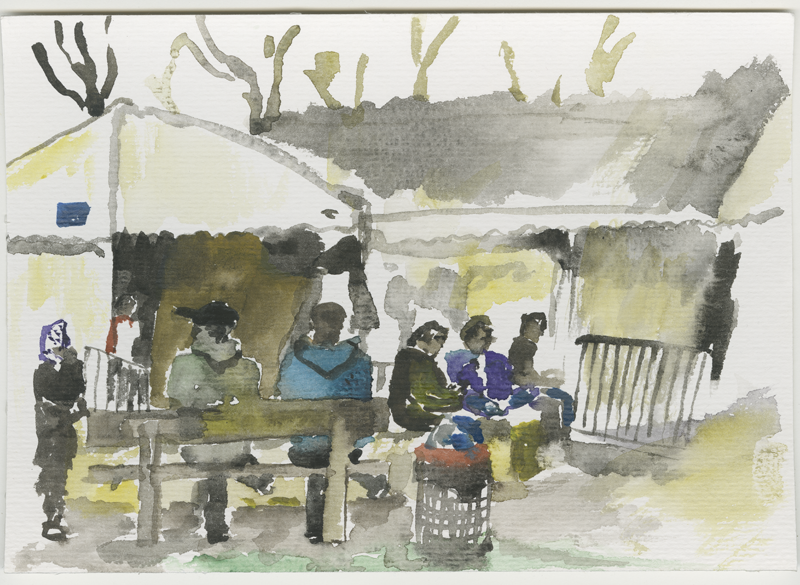 2016-03-17_52-52725_13-34790_lageso_fluechtlinge-vor-zelten, refugees waiting outside, it is cold, sketch, 17 &times; 24 cm (Kirsten Kötter)