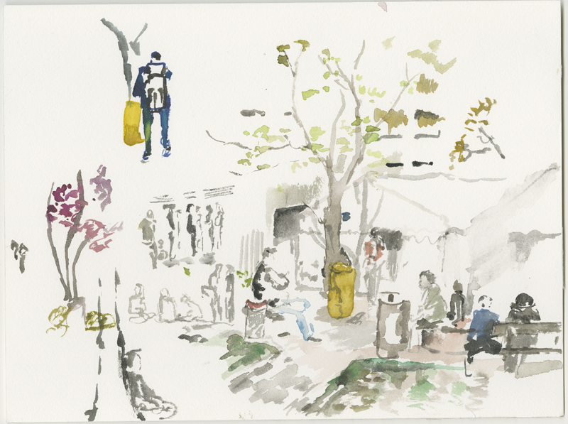 2016-04-13_52-52725_13-34790_lageso_skizze, refugees waiting outside in front of the LAGeSo, sketch, 24 &times; 32 cm (Kirsten Kötter)