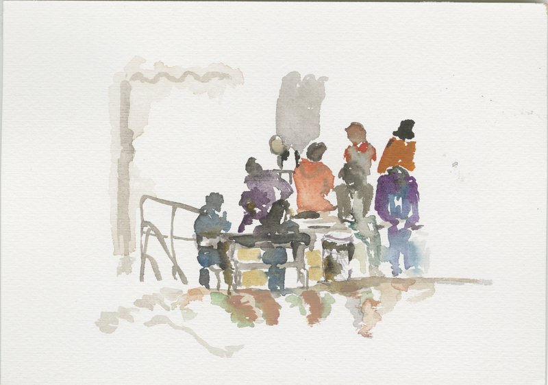 2016-04-21_52-52725_13-34790_lageso_skizze2, refugees in front of the tents, sketch, 17 &times; 24 cm (Kirsten Kötter)