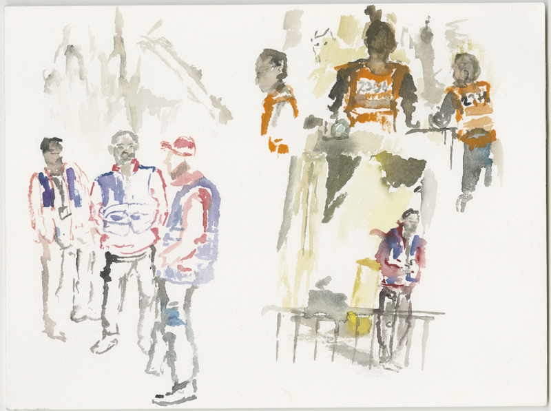 2016-05-02_52-52725_13-34790_lageso_skizze1, security staff in front of the entrance to the LAGeSo, sketch, 24 &times; 32 cm (Kirsten Kötter)