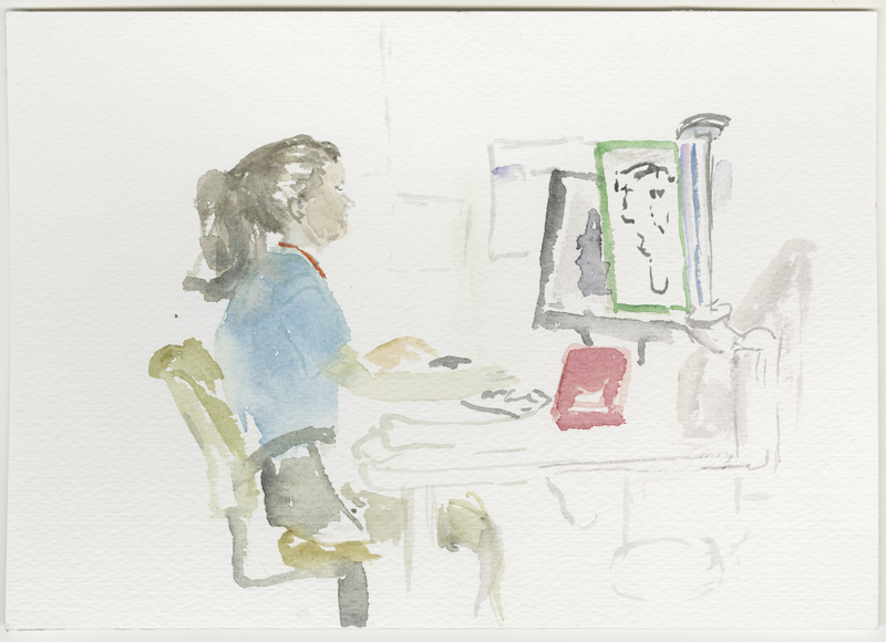 2016-07-18_69-75705_27-0088_kevo-elina_skizze, Elina Vainio sitting in the office, sketch, 17 &times; 24 cm (Kirsten Kötter)