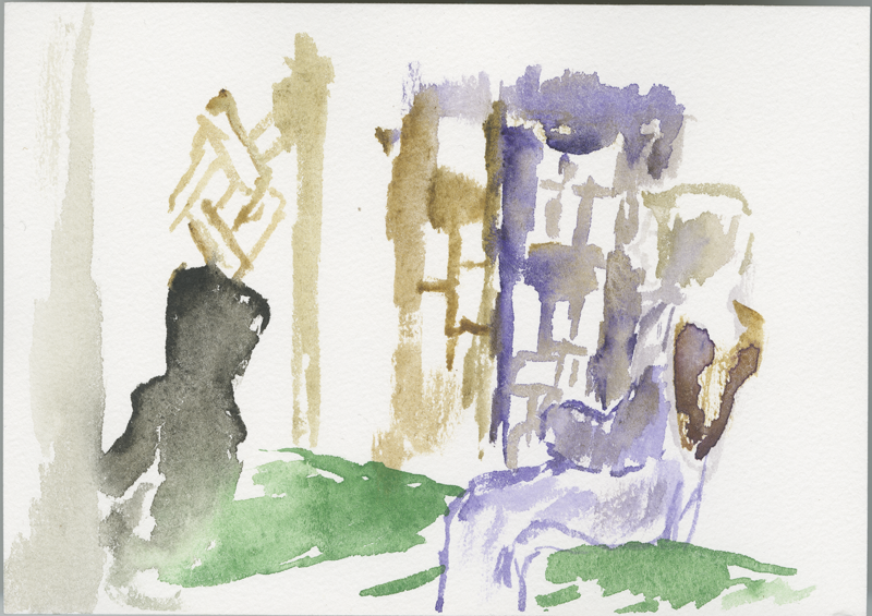 2016-11-9_52-4666_13-3833_sehitlik-moschee_islam_skizze-2, a woman in the lessons about Islam, sketch, 12 &times; 17 cm (Kirsten Kötter)