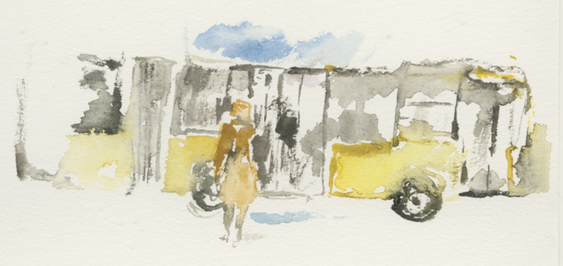 2022-03-11_berlin-hbf-ukraine-flucht-bus-skizze, sketch, 17 &times; 24 cm (Kirsten Kötter)